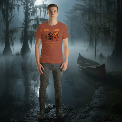Rougarou Where Are You Cajun cryptid graphic tee — retro cartoon Louisiana werewolf design on black — Stitch and Sigil
