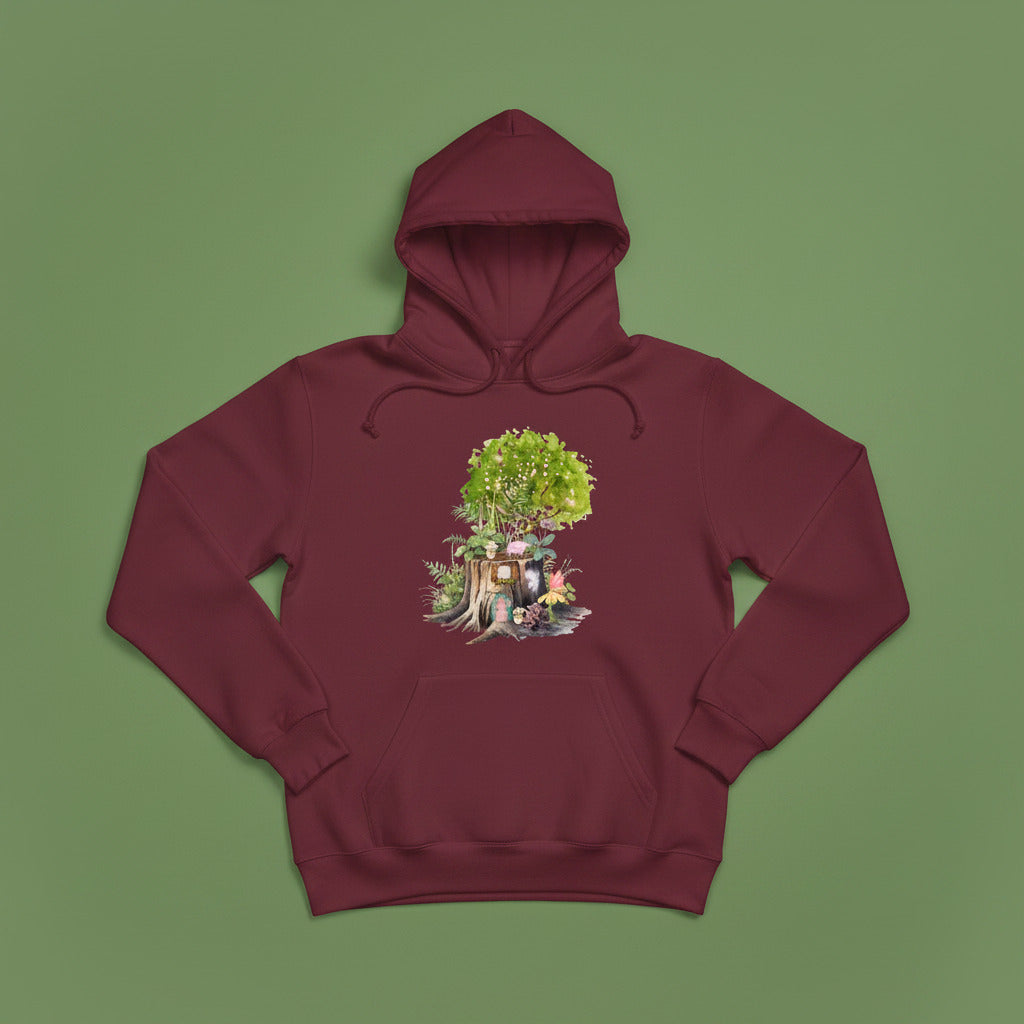secret stump maroon hoodie flat mockup