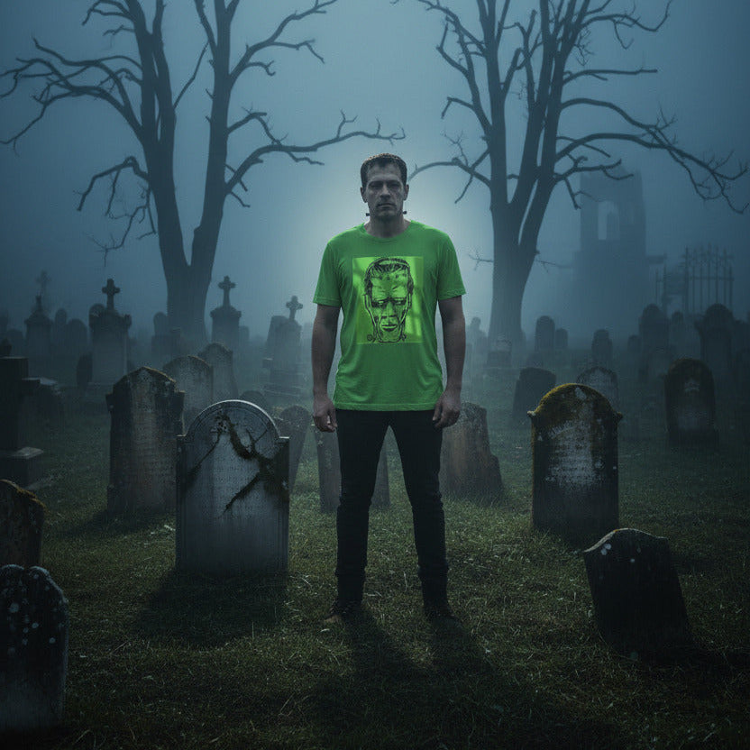 Shot in the Dark Frankenstein graphic tee — monster design on leaf green — Stitch and Sigil