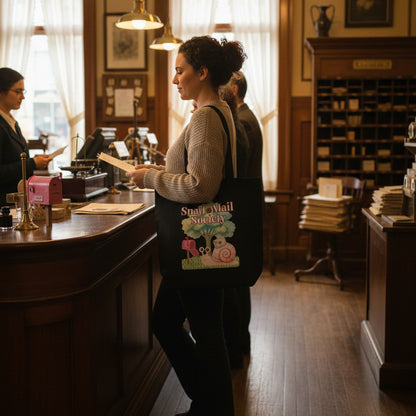 woman holding snail mail society eco tote bag
