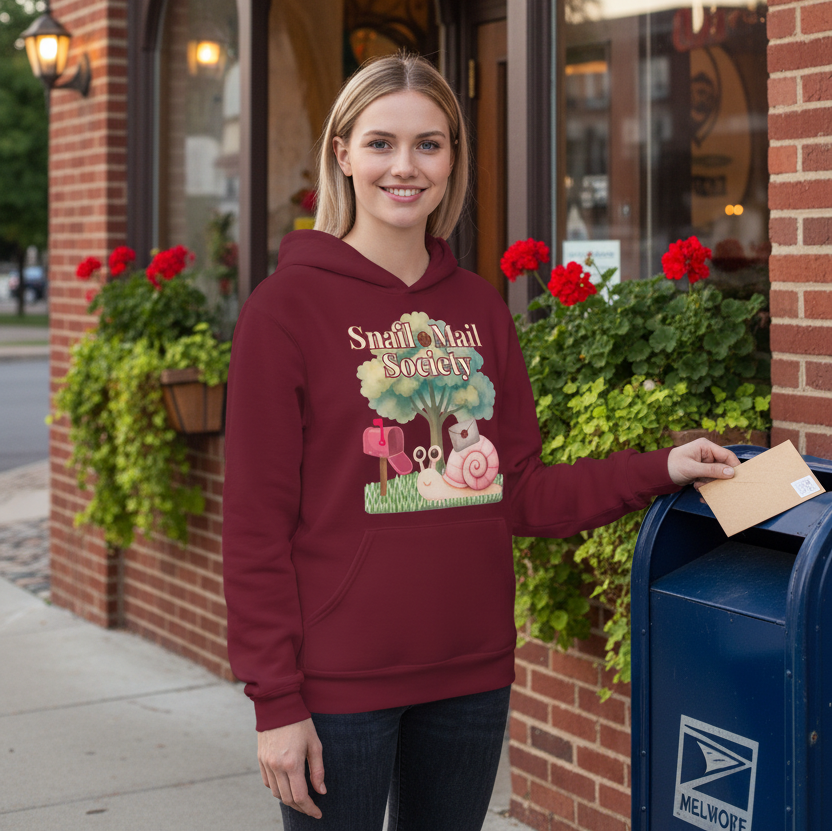 woman wearing snail mail society hoodie