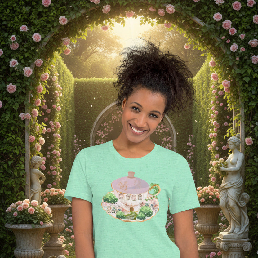 Teacup Cottage faery graphic tee — enchanted teacup cottage design on heather mint — Stitch and Sigil