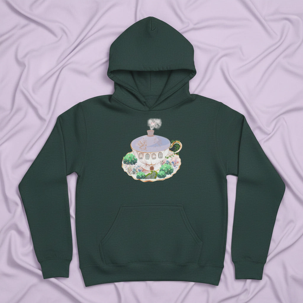 teacup cottage forest green hoodie flat mockup