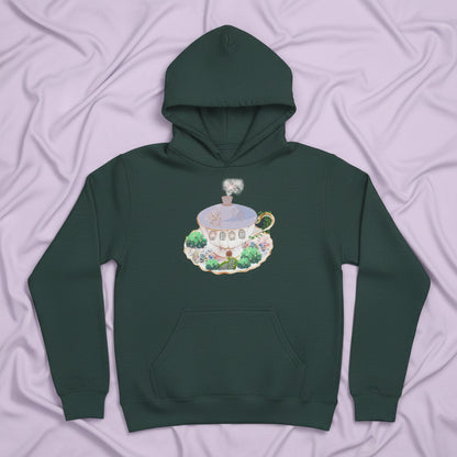 teacup cottage forest green hoodie flat mockup