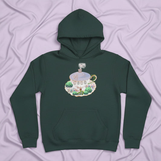 teacup cottage forest green hoodie flat mockup