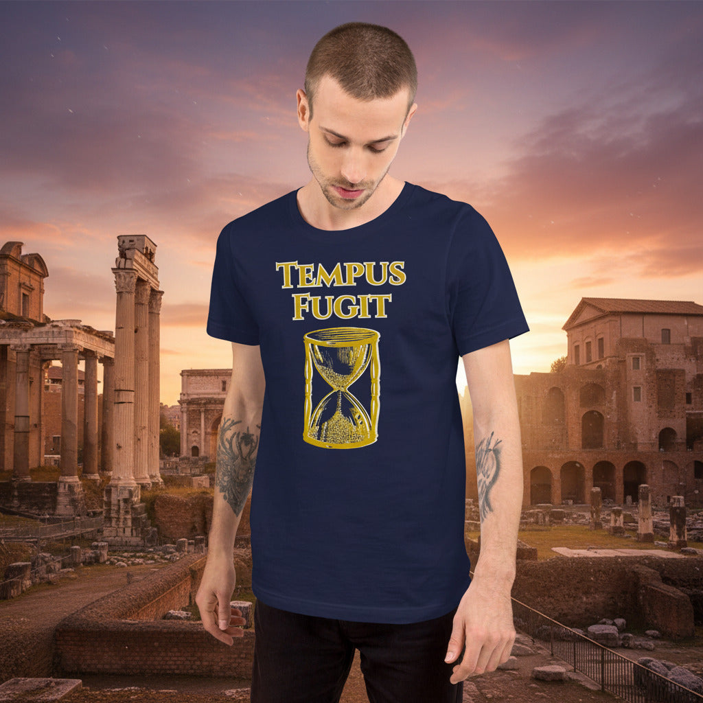 man wearing tempus fugit tee