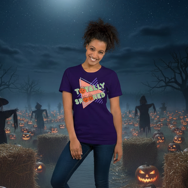 Totally Spooked Halloween graphic tee — 90s retro Halloween design lifestyle mockup on purple — Stitch and Sigil