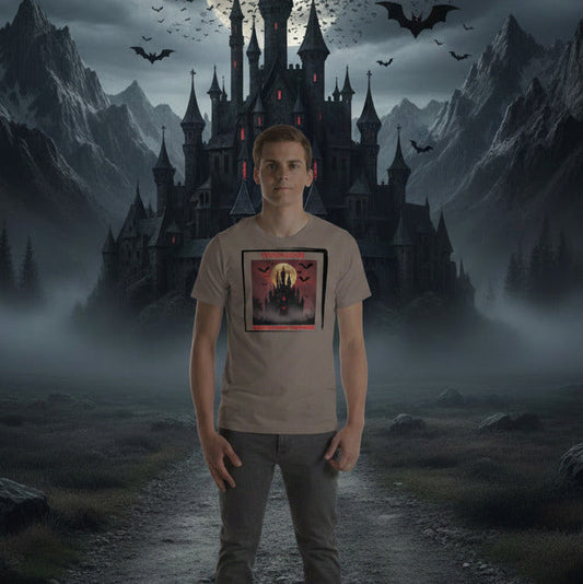 Transylvania Where Nights Are Forever mythology graphic tee — gothic vampire design on pebble grey — Stitch and Sigil