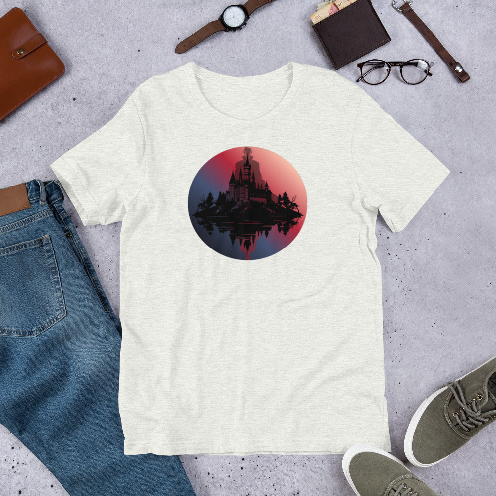 Dracula Castle Silhouette horror graphic tee — gothic castle design on ash grey — Stitch and Sigil