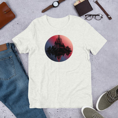 Dracula Castle Silhouette horror graphic tee — gothic castle design on ash grey — Stitch and Sigil