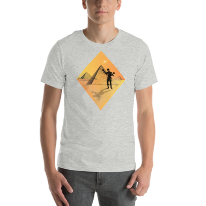 The Mummy In the Shadow of the Pyramids horror graphic tee — Egyptian mummy design on athletic heather — Stitch and Sigil
