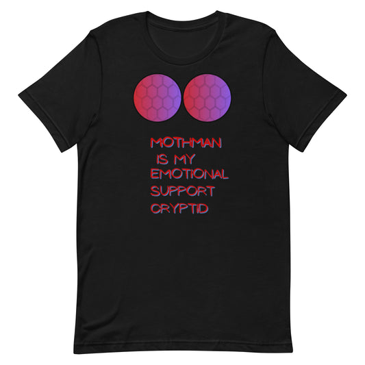 Mothman Is My Emotional Support Cryptid graphic tee — Point Pleasant WV Mothman design on black — Stitch and Sigil