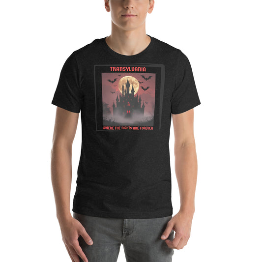 Transylvania Where Nights Are Forever mythology graphic tee — gothic vampire design on black heather — Stitch and Sigil