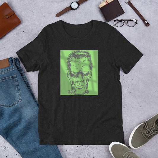 Shot in the Dark Frankenstein glow in dark graphic tee — Frankenstein design on black heather — Stitch and Sigil