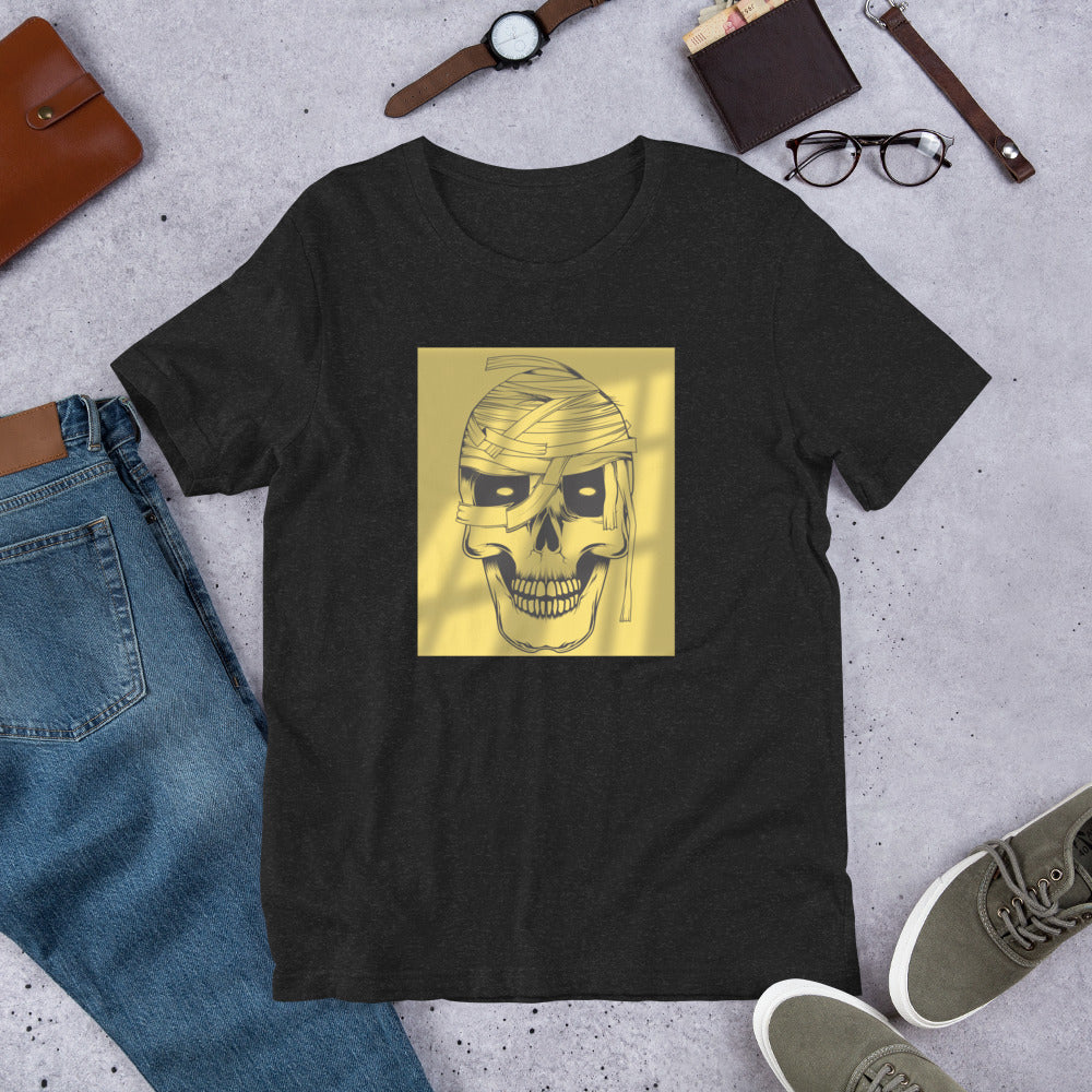 Shot in the Dark Mummy glow in dark graphic tee — mummy design on black heather — Stitch and Sigil