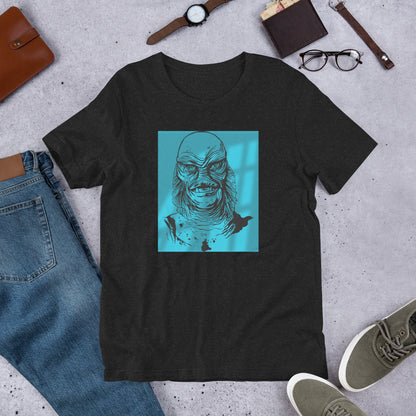Shot in the Dark Creature glow in dark graphic tee — lagoon creature design on black heather — Stitch and Sigil
