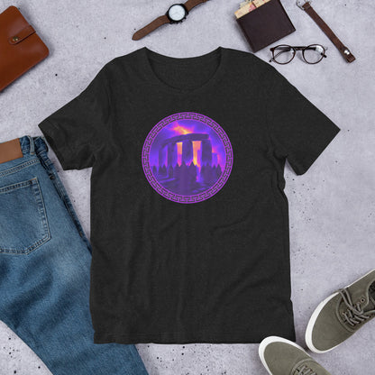 Vision of Stonehenge mythology graphic tee — ancient megalith design on black heather — Stitch and Sigil