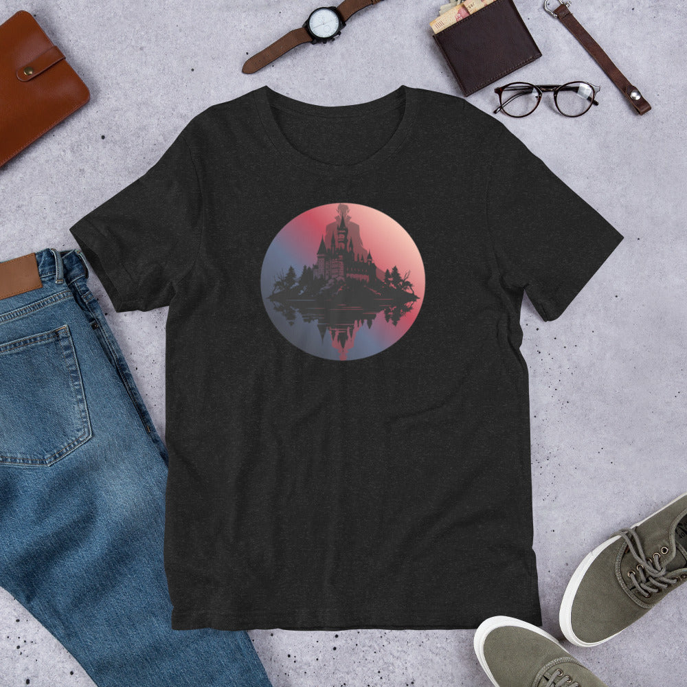 Dracula Castle Silhouette horror graphic tee — vampire castle design on black heather — Stitch and Sigil
