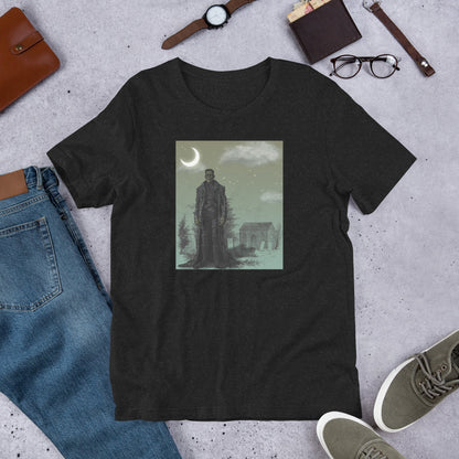 Frankenstein Monster Moonlit Graveyard horror graphic tee — classic monster design on black heather — Stitch and Sigil