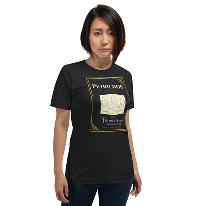 Petrichor Lost Lexicon rare word graphic tee — rain word art design on black heather — Stitch and Sigil