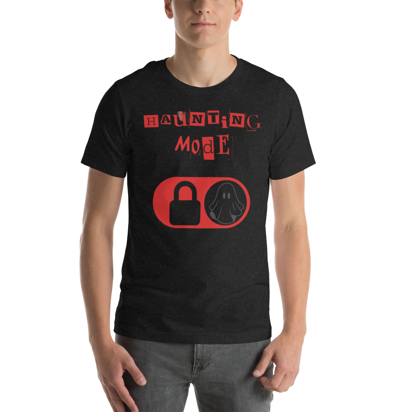 Haunting Mode Halloween graphic tee — ghost toggle switch design on black heather — Stitch and Sigil