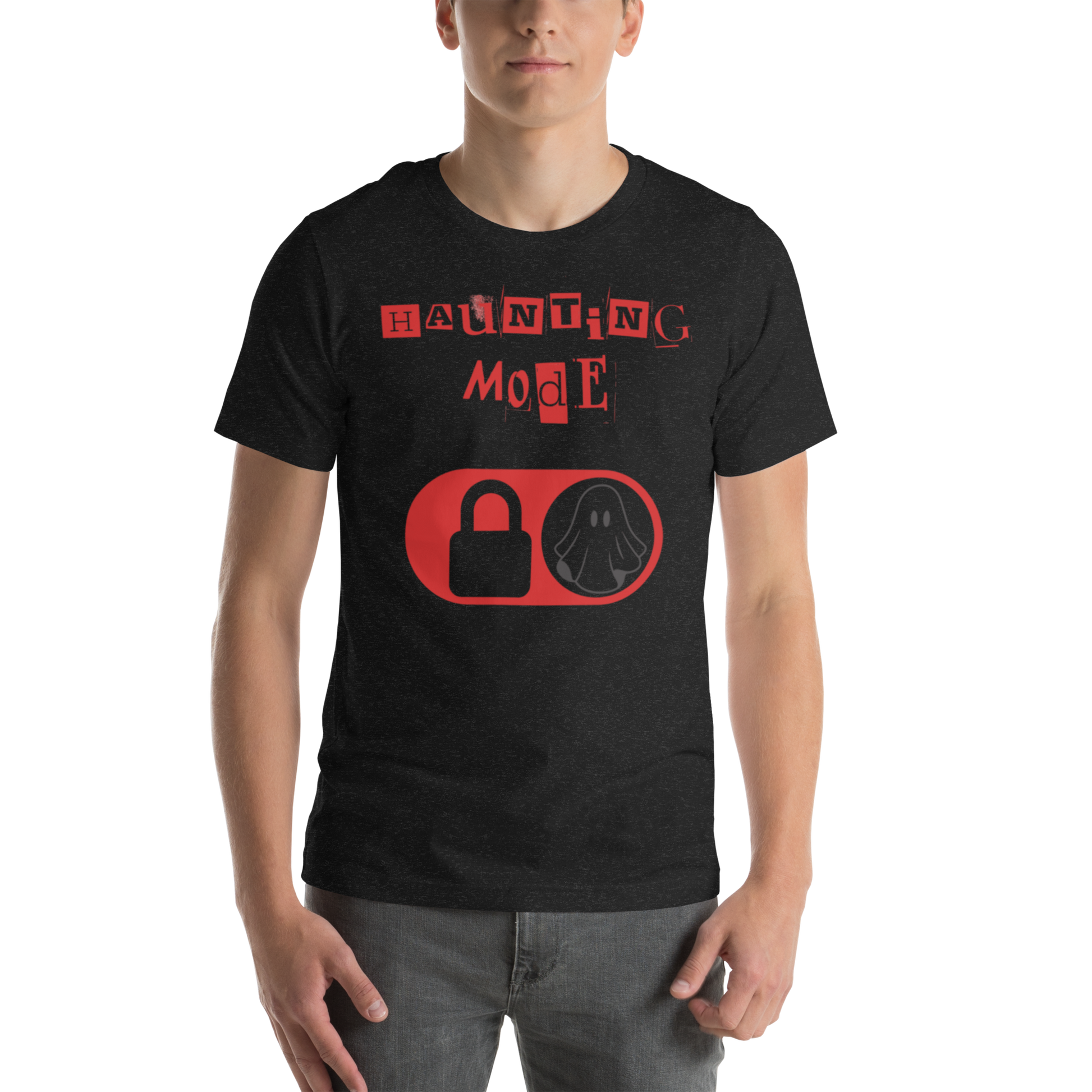 Haunting Mode Halloween graphic tee — ghost toggle switch design on black heather — Stitch and Sigil