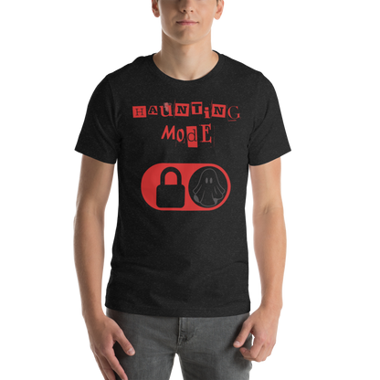 Haunting Mode Halloween graphic tee — ghost toggle switch design on black heather — Stitch and Sigil