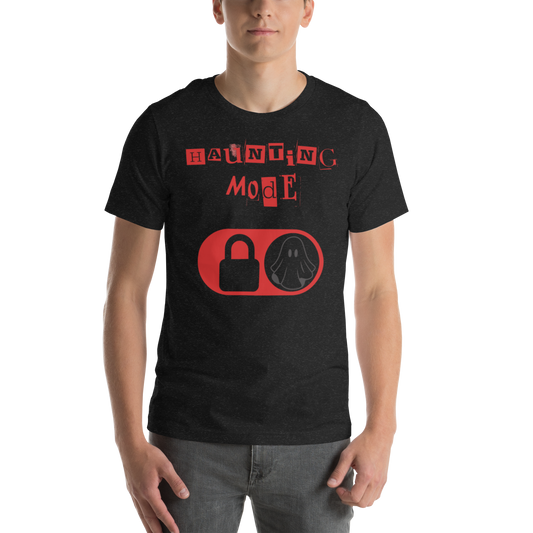 Haunting Mode Halloween graphic tee — ghost toggle switch design on black heather — Stitch and Sigil