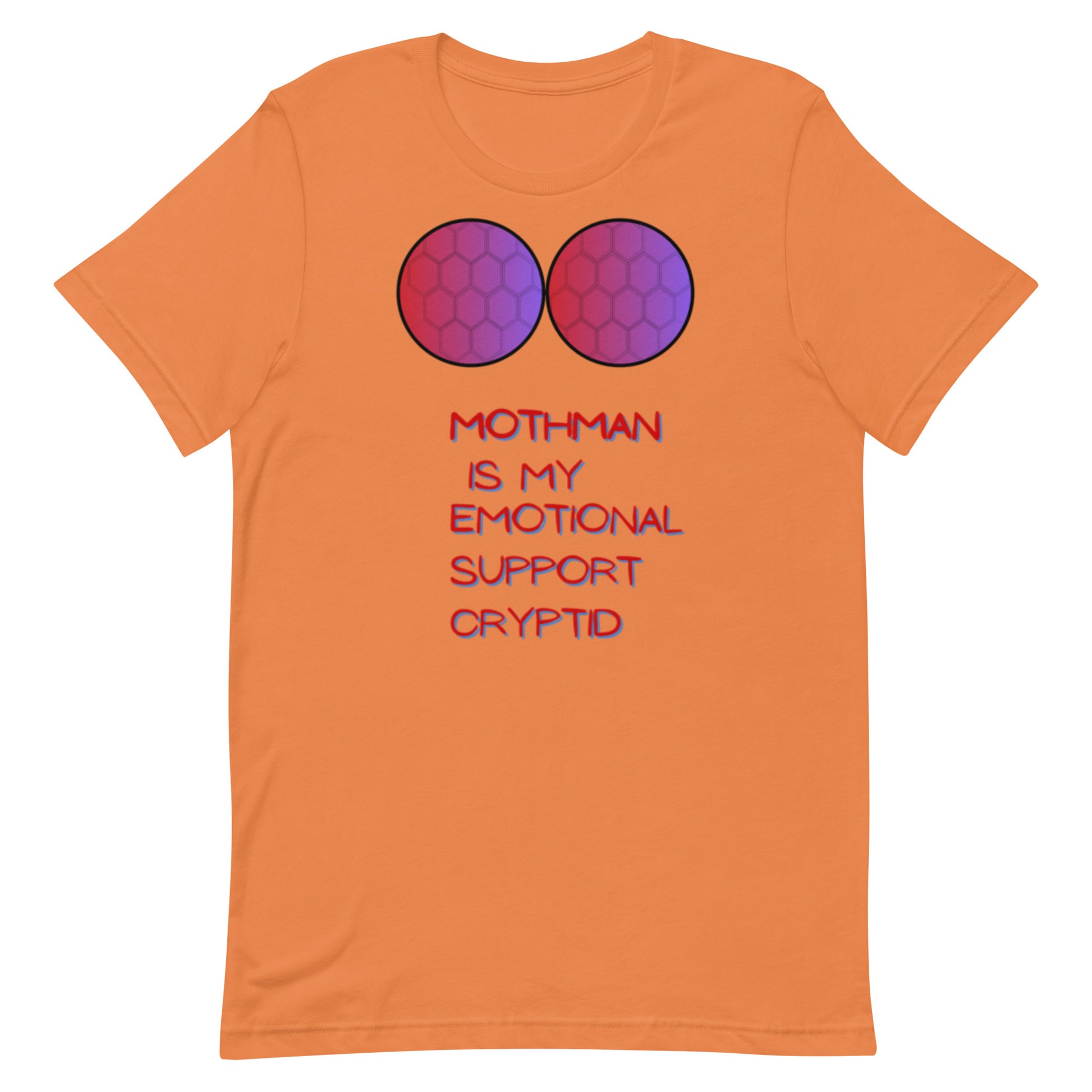 Mothman Is My Emotional Support Cryptid graphic tee — cryptid support design on burnt orange — Stitch and Sigil