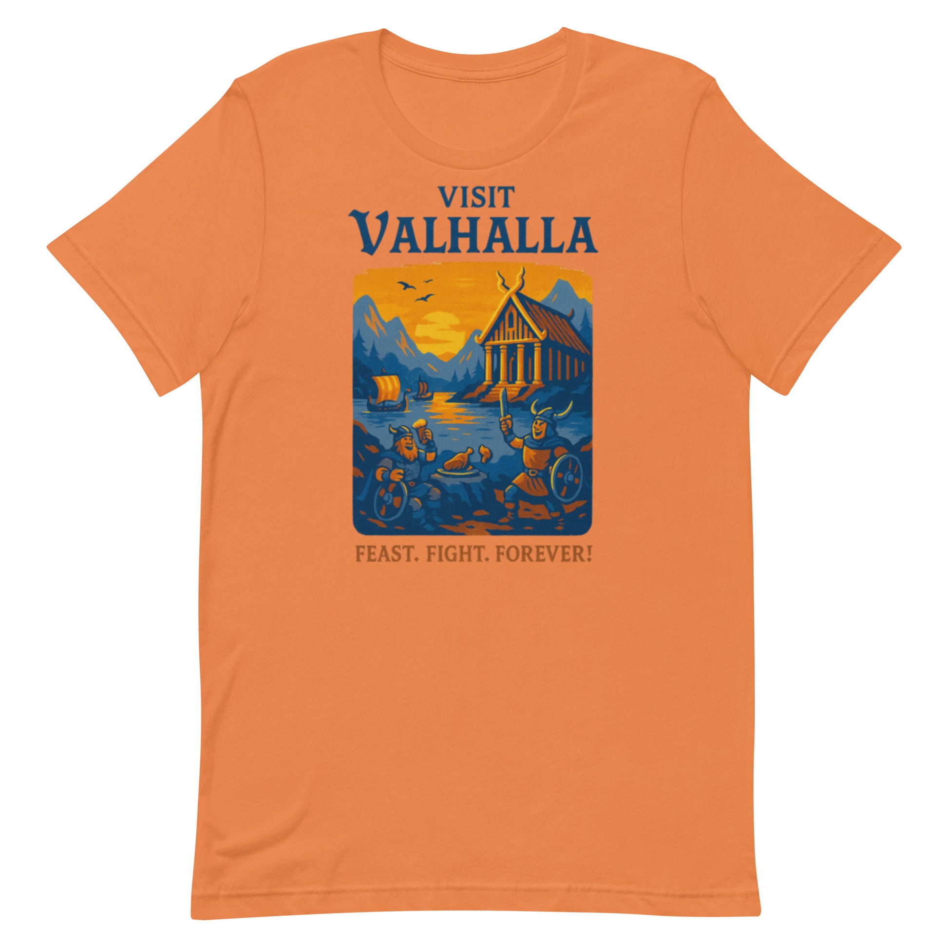Visit Valhalla Norse mythology graphic tee — Norse mythology travel design on burnt orange — Stitch and Sigil