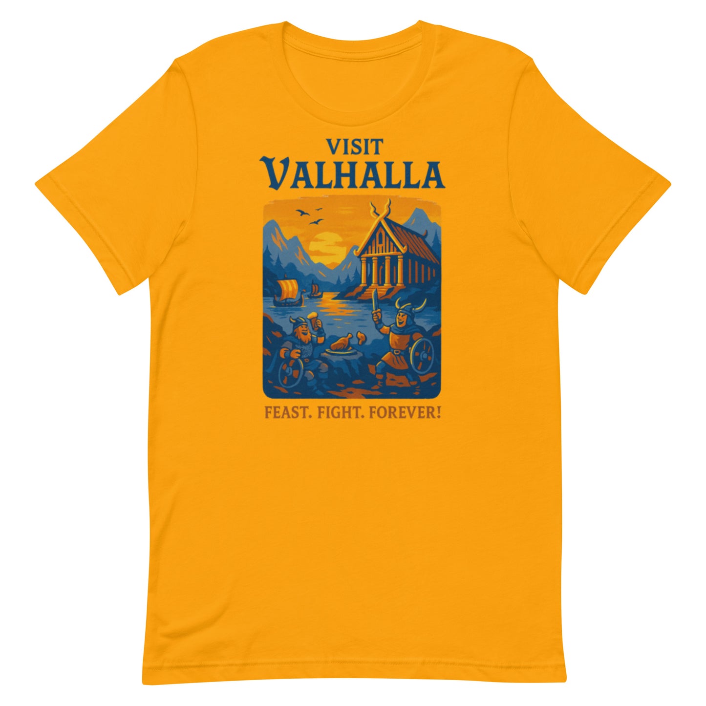 Visit Valhalla Norse mythology graphic tee — Valhalla destination design on gold front view — Stitch and Sigil