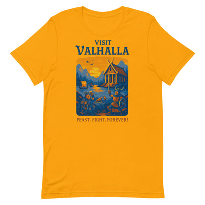 Visit Valhalla Norse mythology graphic tee — Valhalla destination design on gold front view — Stitch and Sigil