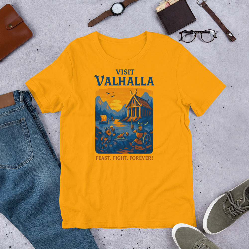 Visit Valhalla Norse mythology graphic tee — Viking travel poster design on gold — Stitch and Sigil