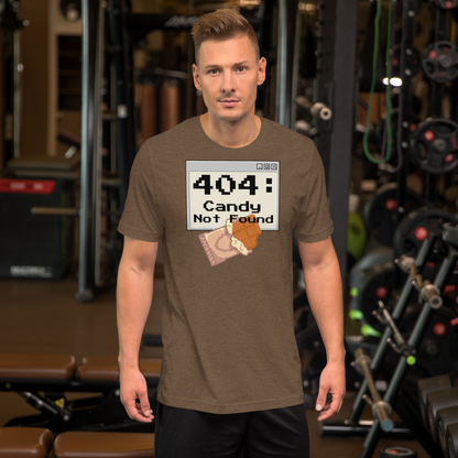 404 Candy Not Found Halloween graphic tee — pixel art error screen design on heather brown — Stitch and Sigil