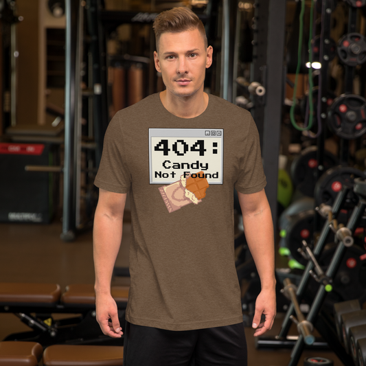404 Candy Not Found Halloween graphic tee — pixel art error screen design on heather brown — Stitch and Sigil