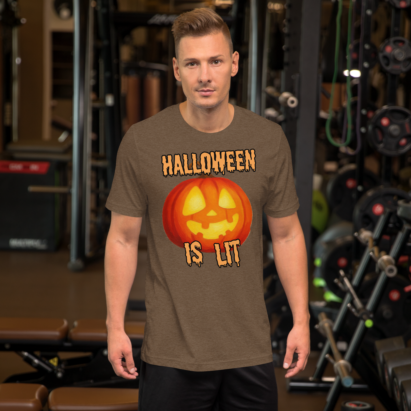 Halloween is Lit Halloween graphic tee — pumpkin design on heather brown — Stitch and Sigil