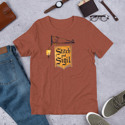 Stitch and Sigil logo graphic tee — brand sign design on heather clay — Stitch and Sigil