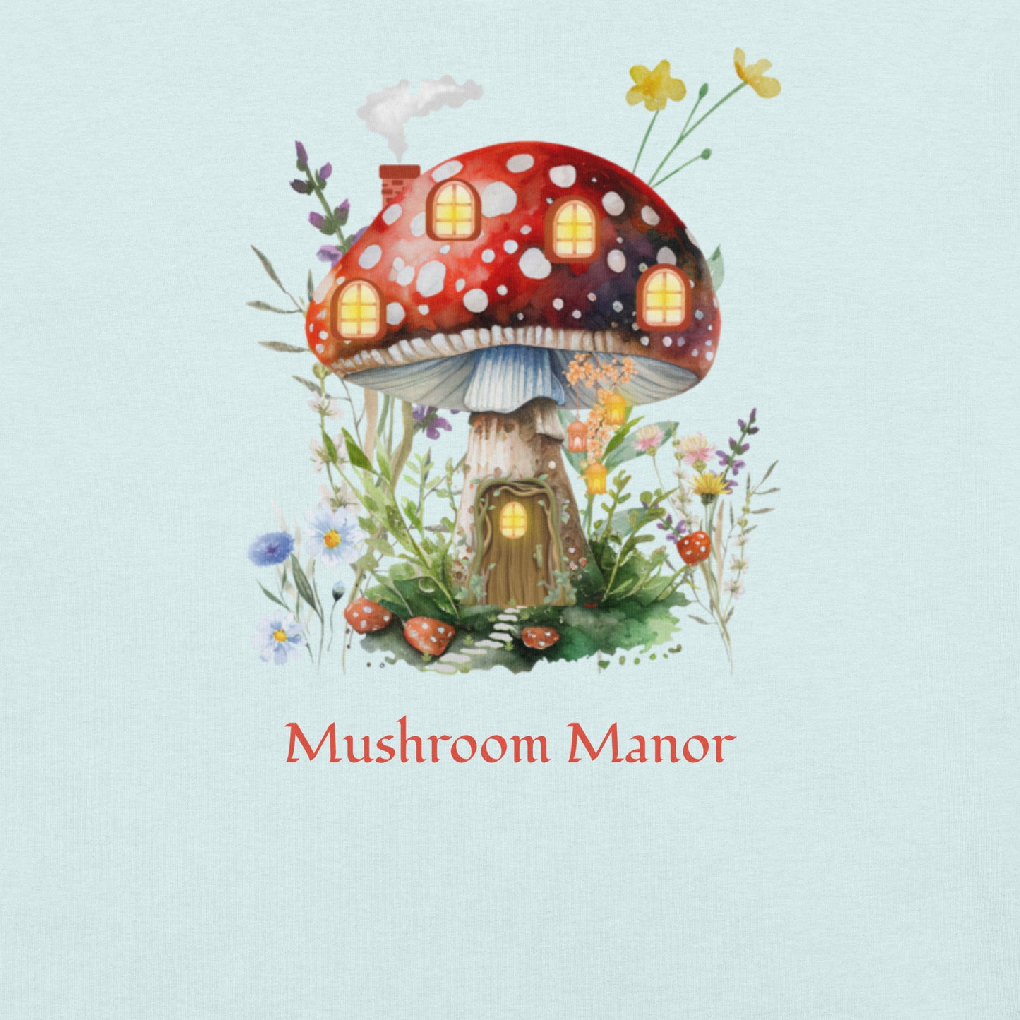 Mushroom Manor faery graphic tee — faery cottage mushroom design on heather ice blue front view — Stitch and Sigil