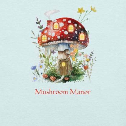 Mushroom Manor faery graphic tee — faery cottage mushroom design on heather ice blue front view — Stitch and Sigil