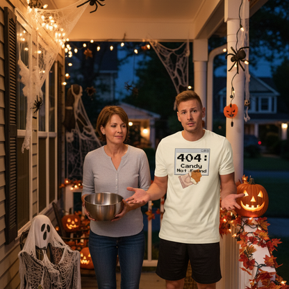 404 Candy Not Found Halloween graphic tee — pixel art trick or treat error design on heather natural — Stitch and Sigil