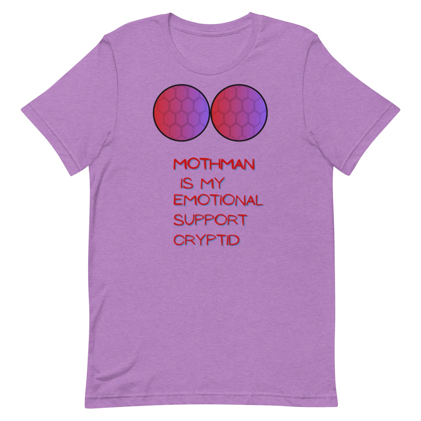 Mothman Is My Emotional Support Cryptid graphic tee — winged red-eyed Mothman on heather team purple — Stitch and Sigil