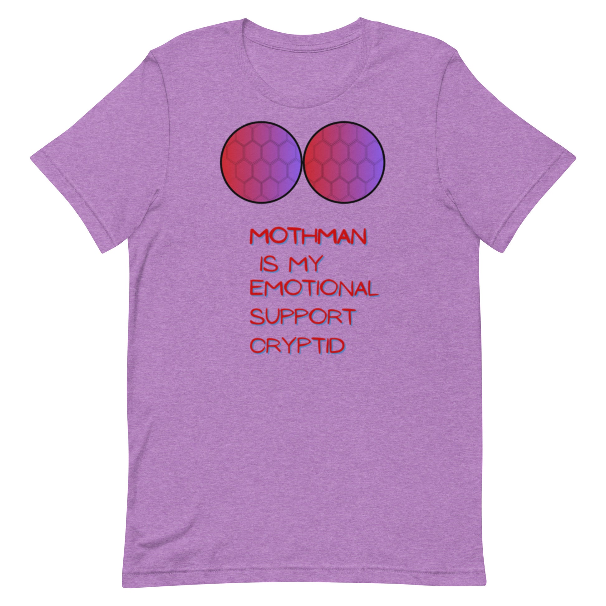 Mothman Is My Emotional Support Cryptid graphic tee — winged red-eyed Mothman on heather team purple — Stitch and Sigil