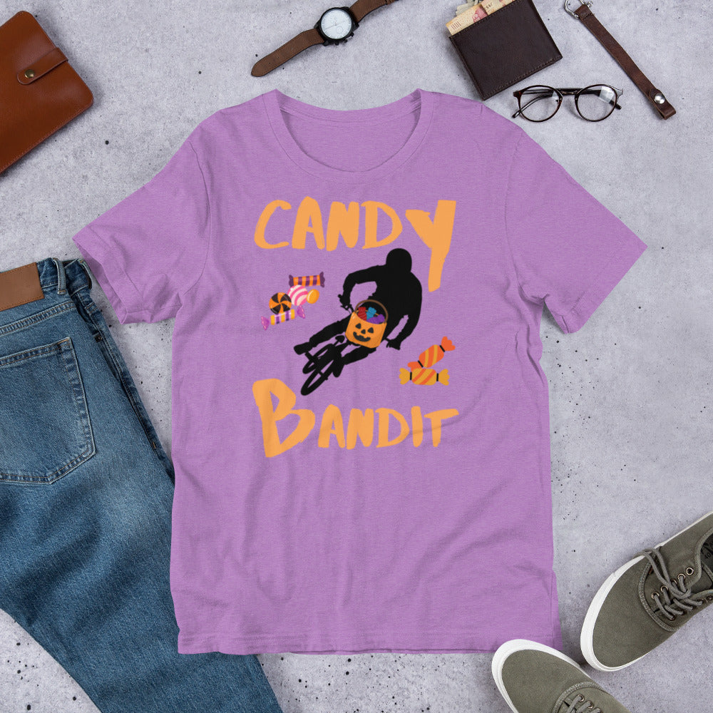 Candy Bandit Halloween graphic tee — trick or treat bandit design on heather team purple — Stitch and Sigil