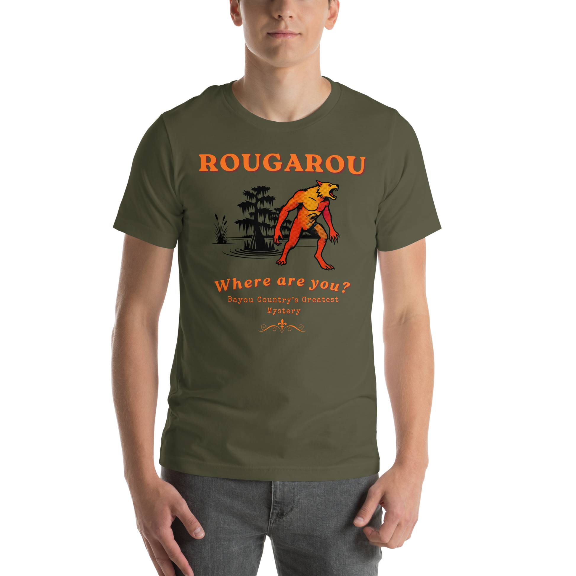 Rougarou Where Are You cryptid graphic tee — Cajun bayou werewolf design on military green — Stitch and Sigil