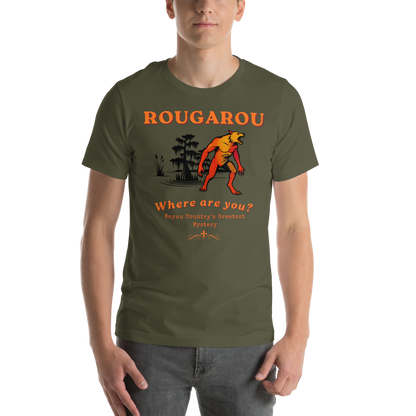 Rougarou Where Are You cryptid graphic tee — Cajun bayou werewolf design on military green — Stitch and Sigil