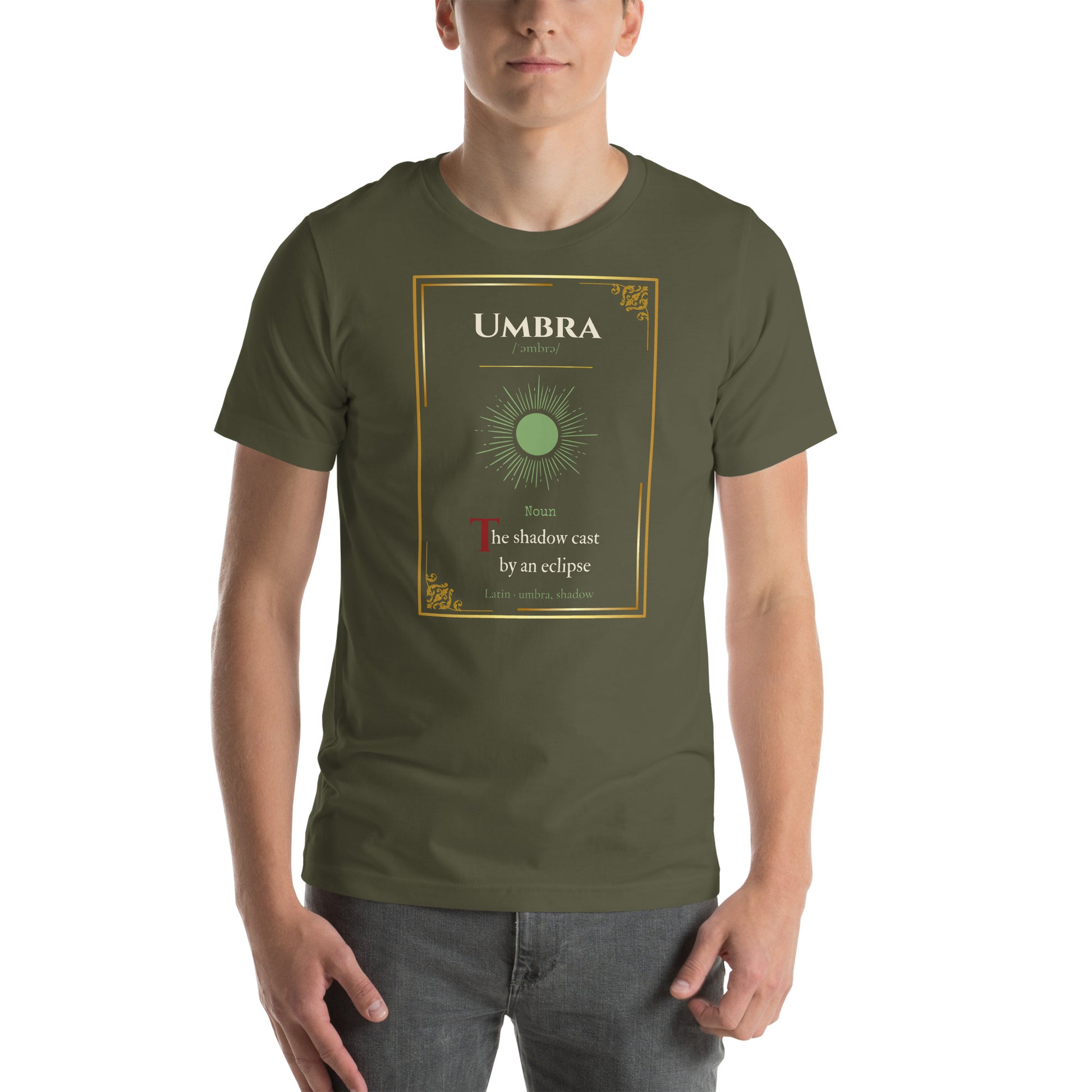 Umbra Lost Lexicon rare word graphic tee — shadow eclipse manuscript design on military green — Stitch and Sigil