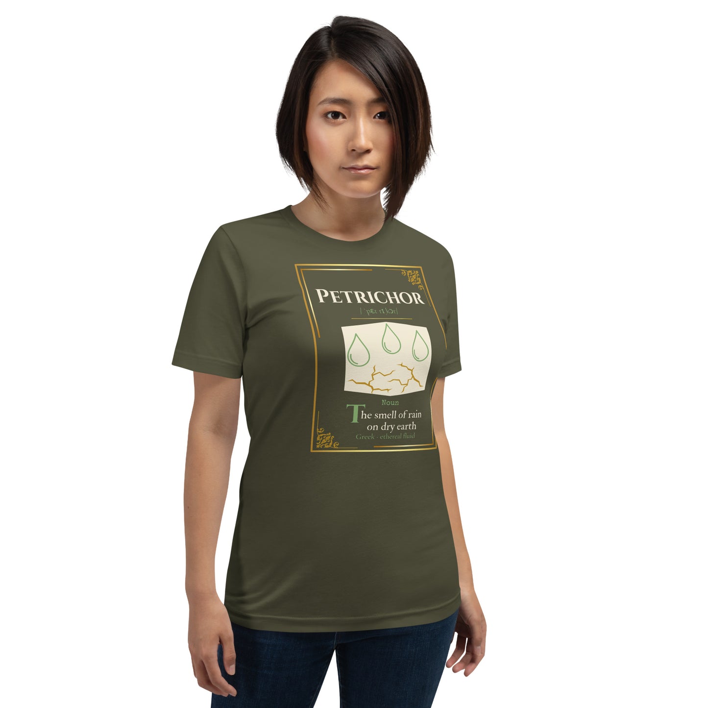 Petrichor Lost Lexicon rare word graphic tee — rare word manuscript design on military green — Stitch and Sigil