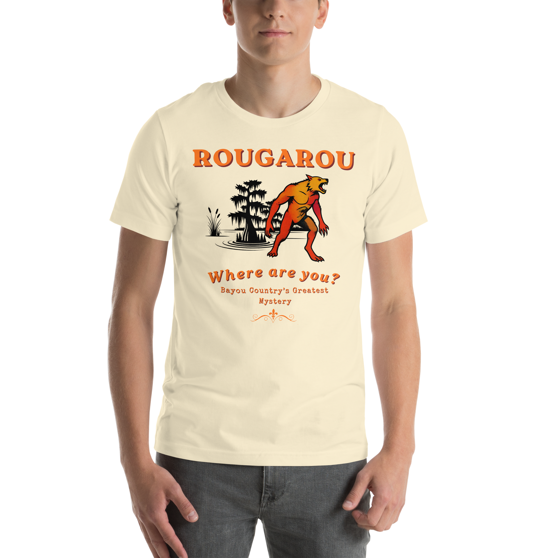 Rougarou Where Are You cryptid graphic tee — Louisiana werewolf retro design on natural — Stitch and Sigil