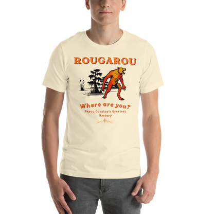 Rougarou Where Are You cryptid graphic tee — Louisiana werewolf retro design on natural — Stitch and Sigil