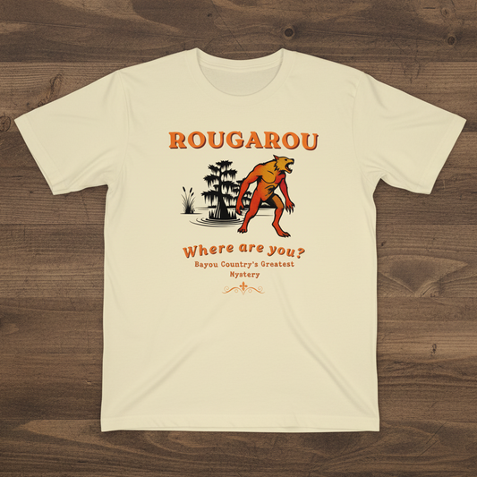 Rougarou Where Are You cryptid graphic tee — Louisiana werewolf retro design on natural — Stitch and Sigil